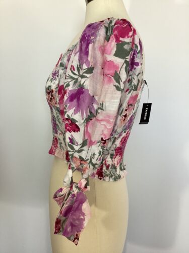 Express Floral Square Neck Smocked Top with Puff Tie Sleeves Size Medium NWT - Picture 3 of 8