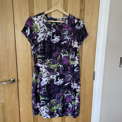 Women Kew 100%silk Purple Green floral Knee dress Szie 12 Cap Sleeve  Occasion UK
