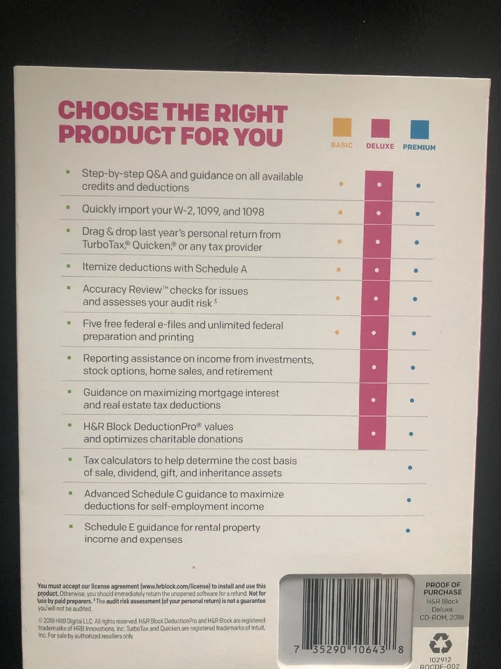 H&R Block 2018 Homeowners/Investors Deluxe, Federal only NEW - Image 2 of 3