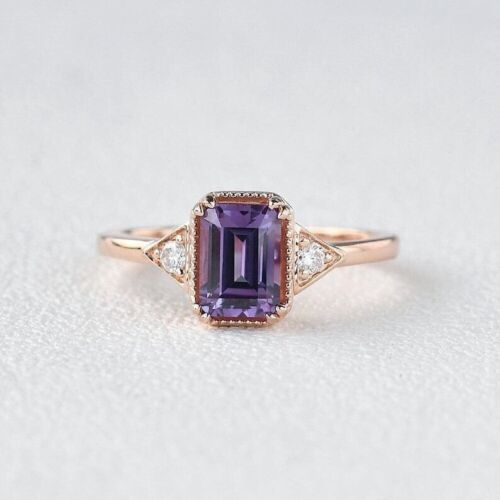 Natural Amethyst Gemstone Engagement Ring 14k Rose Gold Plated Silver Ring V356 - Picture 1 of 4