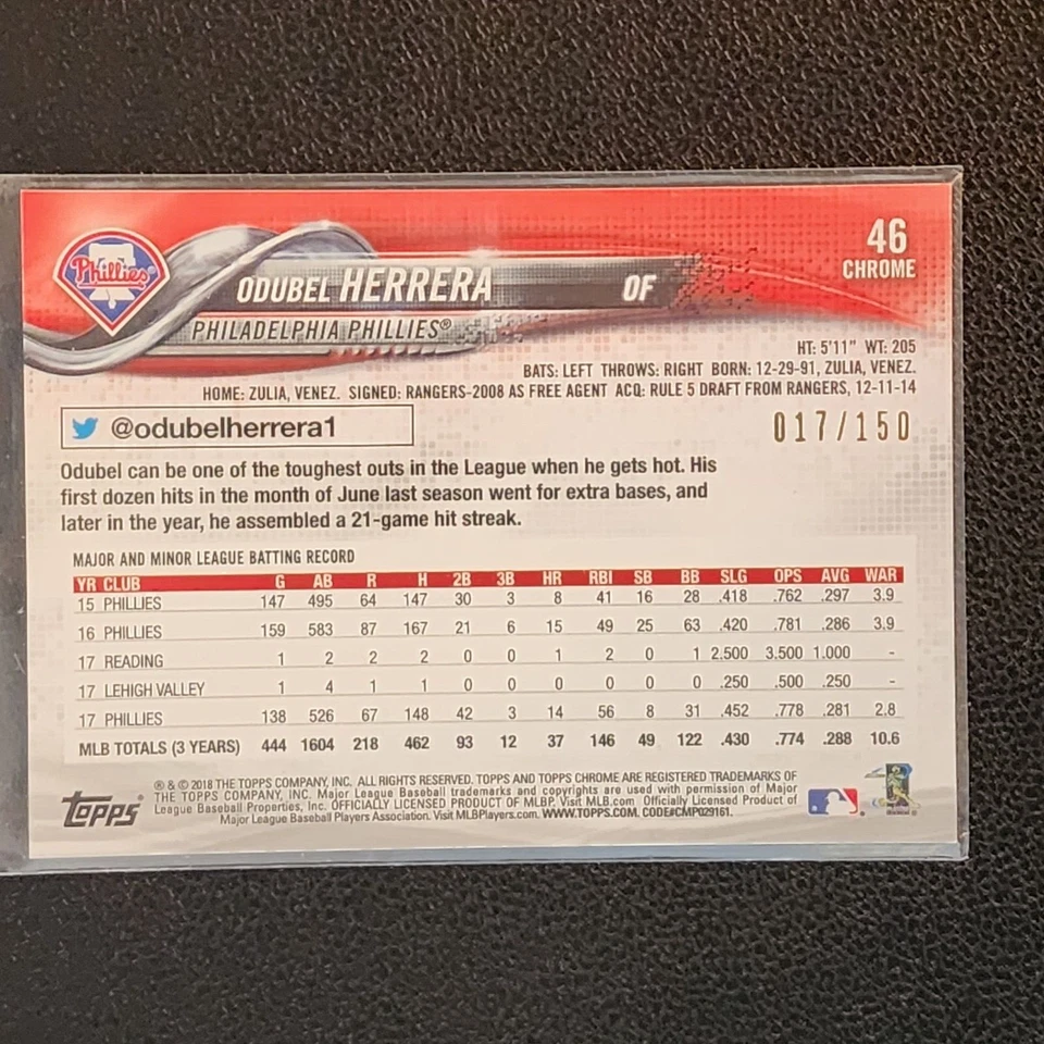 ODUBEL HERRERA 2018 TOPPS CROMO #46 NÚMERO DE SERIE 017/150 PHILLIES MLB Foto 2 de 2