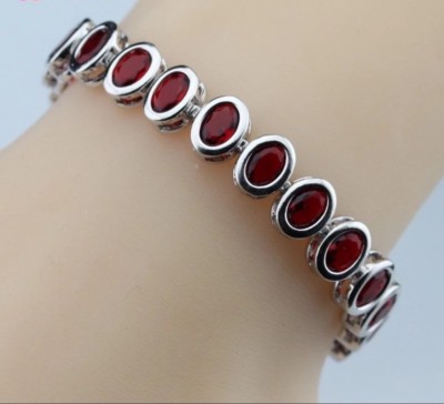Tennisarmband Sterlingsilber Laborgefertigt roter Granat ovale Form Edelsteine
