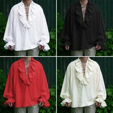 Retro Men Gothic Shirt Top Ruffle Pirate Puff Sleeve Lapel Shirt Lace Up Neck.