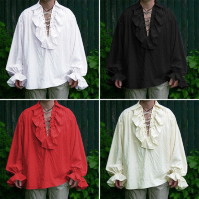 Retro Men Gothic Shirt Top Ruffle Pirate Puff Sleeve Lapel Shirt