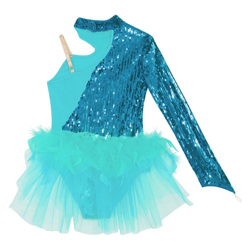 UK Girls Sequin One Shoulder Long Sleeve Dance Dress Leotard Cha Cha Gymnastic - Picture 49 of 70