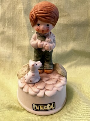 Vintage Musical Figurine Boy With Dog ''love Me Tender'' Musical Song