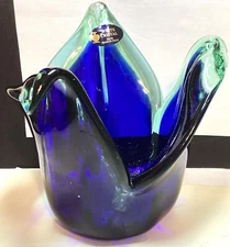 Murano White Cristal Art Glass Candy Bowl Candle Italy Original Labels Blue 