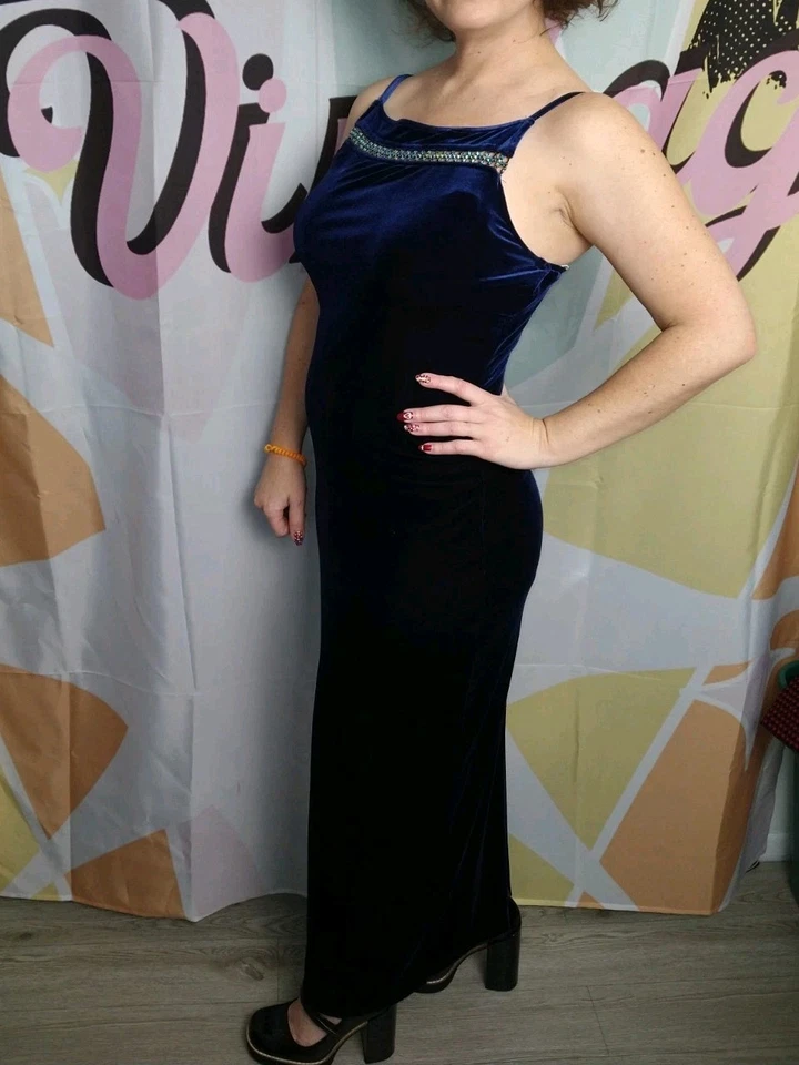 Vestido formal pegajoso azul profundo aterciopelado All That Jazz años 90 correas de cristal talla mediana Foto 4 de 4