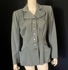 Sculptural Late 1940s, 1950s Gabardine Jacket, Khaki Gray Sage Green, Medium