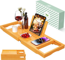 Bathtub Caddy Tray for Tub, Expandable Bamboo Bath Table Tray with Book Stand fo