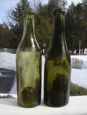 ANTIQUE PAIR OF 1880's SMALL OLIVE GREEN HOCK WINE LIQUOR BOTTLES