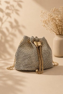 Women s Rhinestone Bucket Bag Gold Chain Mini Evening Purse Sparkly