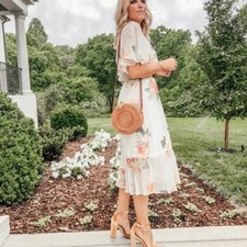 Farm Rio x Anthropologie Eloisa Peach Floral Midi Dress Flutter Sleeve White Sm