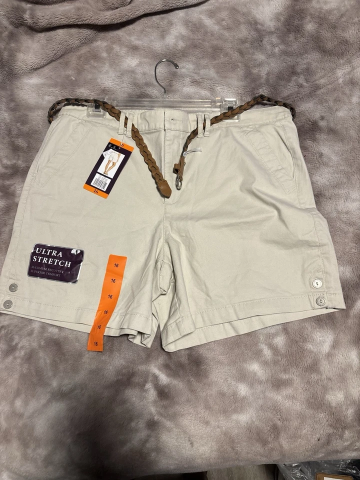 Кремовые шорты Gloria Vanderbilt с желтовато-коричневым плетеным поясом - Изображение 4 из 4