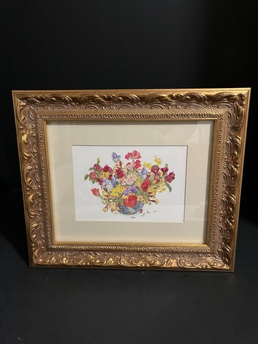 Vintage 1982 Art Floral Print in Vintage Ornate Frame