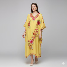 Womens Kashmiri Caftan Yellow Boho Georgette Embroidered Beach Maxi Kaftan L-55"