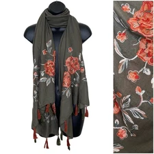 Boho Floral Rose Embroidered Tassel Scarf Olive Green Orange Shawl Wrap Fall