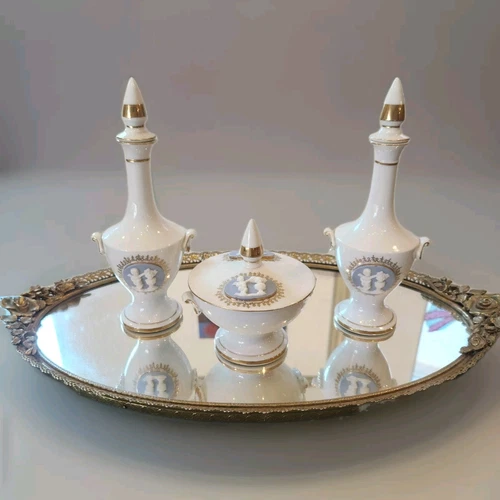 Vtg Vanity Cameo Perfume Bottles & Lidded Dish Andrea By Sadek Blue White & Gold