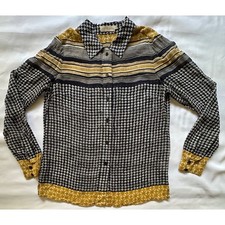 Blusa Tory Burch Seda Geométrica Rayas Abotonadas Azul Marino Mostaza Amarillo Talla 10