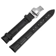 Cowhide Leather Band Deployment Buckle Watch Strap 16mm Leather Strap, Black