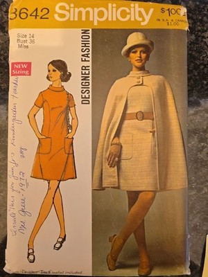 Simplicity Pattern 8642 Designer Fashion Dress & Cape 1960s Uncut Size 14 B36