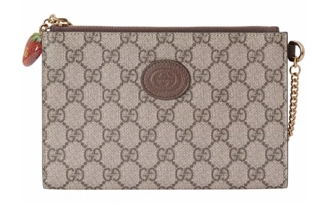 Gucci Double G Strawberry Wrist Wallet GG Supreme Beige Ebony