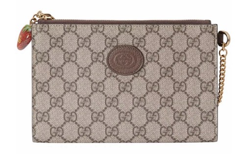 Gucci Double G Strawberry Wrist Wallet GG Supreme Beige Ebony Clutch Authentic