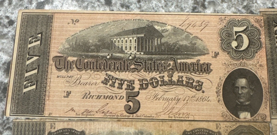 Lot of 5 1864 Confederate States of America $5 $10 $20 $50 $100 Notes  - Image 2 of 4
