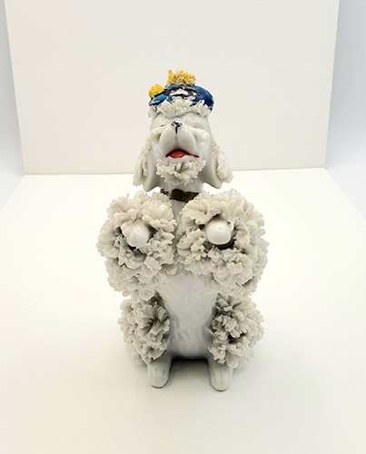 Weißer Spaghettibesatz französischer Pudel Vintage MCM Keramik 5,5" Hund Figur LESEN - Bild 6 von 15