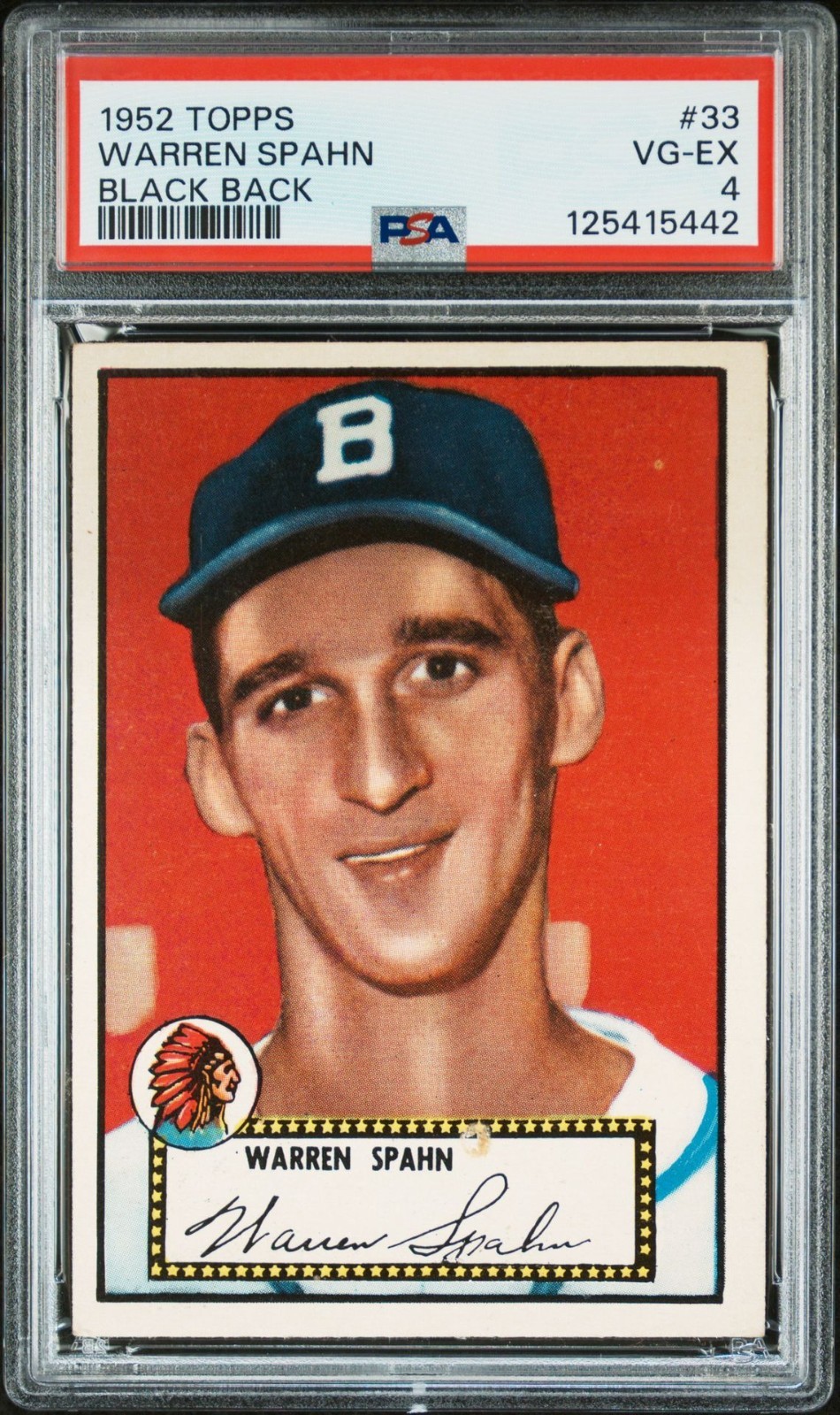 1952 Topps Warren Spahn Black Back #33 PSA 4 VG EX 125415442