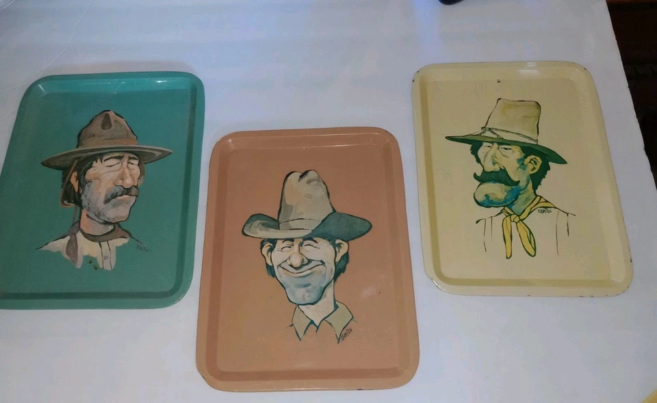 Raro Kersten Brothers Enesco 1979 Vaquero Arte Bandejas de Lata Decoración Occidental Conjunto de 3 Foto 2 de 4