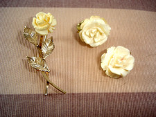 Vintage VD? Signed 12K GF Carved White Rose Pin Brooch & Unmarked Clip Earrings