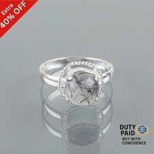 925 Sterling Silver Round black rutile Gemstone Band Statement New Ring Jewelry