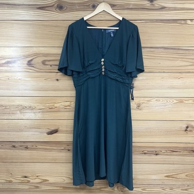 Modcloth Dress Womens 14 Green Gold Cat Buttons V-Neck Empire Rockabilly NWT B15