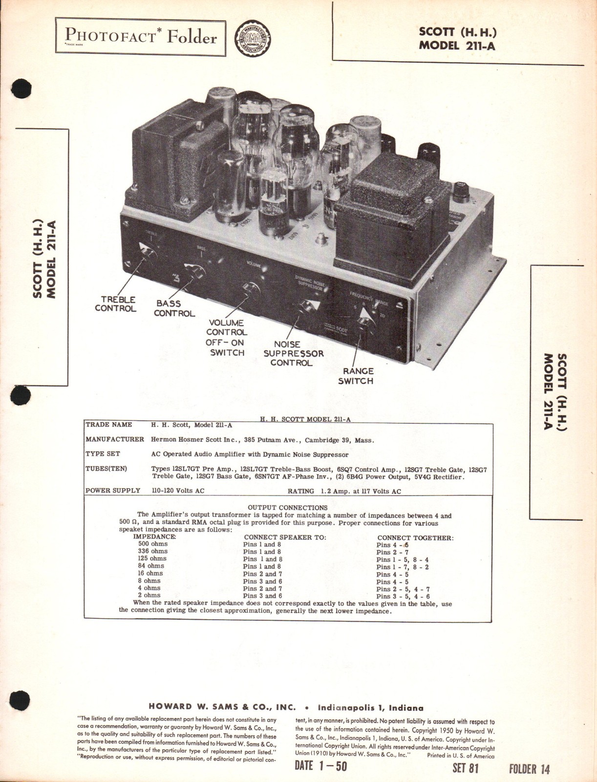 Sams Photofact HH Scott 211-A Audio Amplifier Manual w/ Schematics (original)