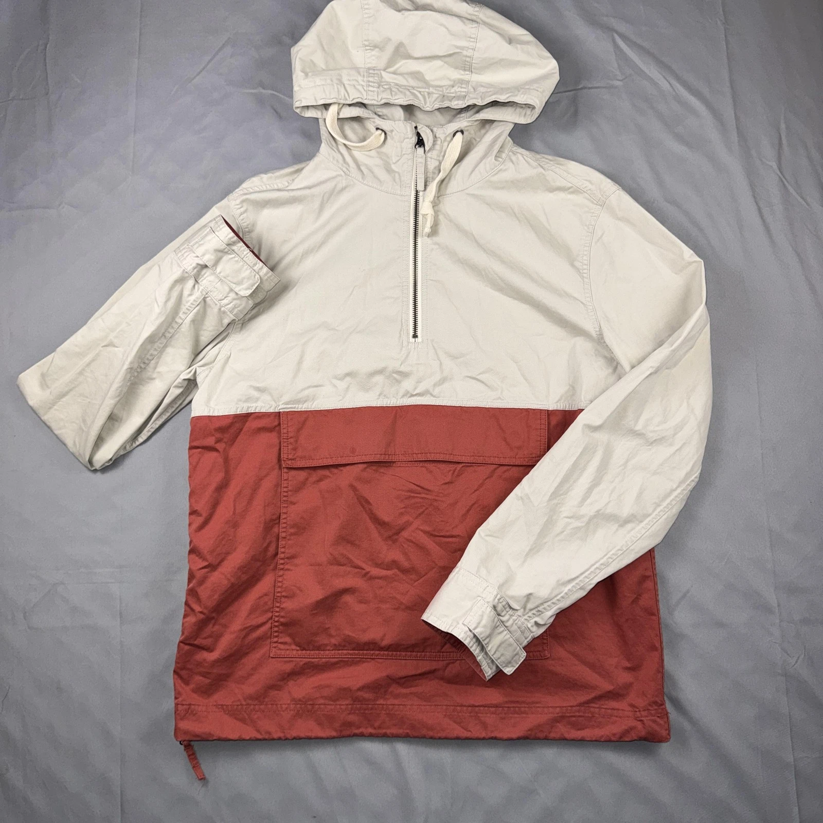 Marine Layer Jacket Mens Medium Beige Red 1/4 Zip Hooded Anorak Pocket Pullover