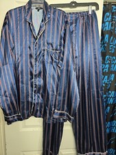 Luxurobes Mens Size Large Satin Pajama Set Blue Striped