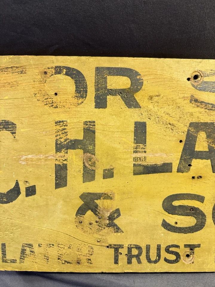 Antique Primitive Folk Art Painted Wooden Advertising Sign in Mustard Paint      - Image 3 of 4