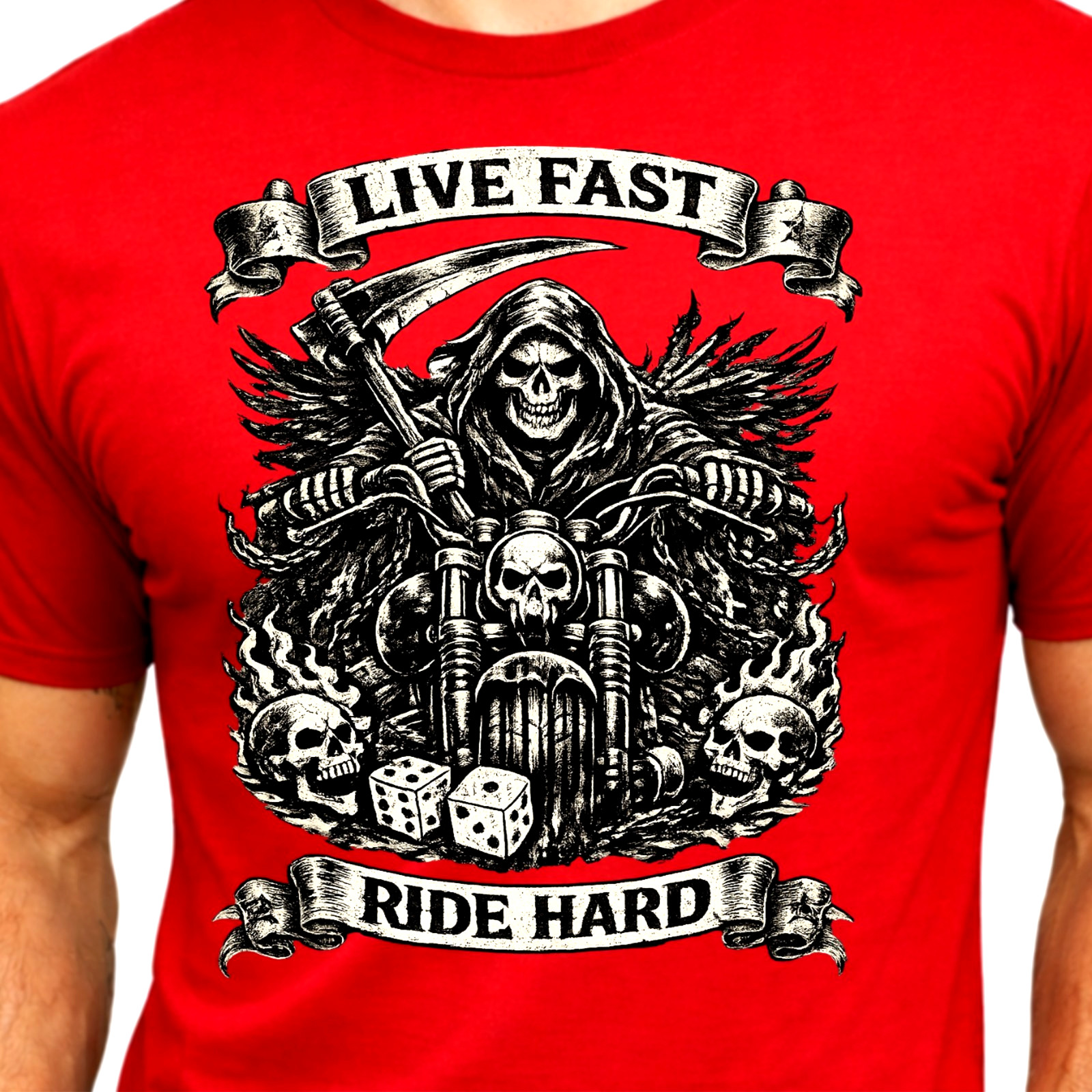 Gothic Biker TShirt Live Fast Ride Hard Grim Reaper Motorcycle Skull Graphic Tee