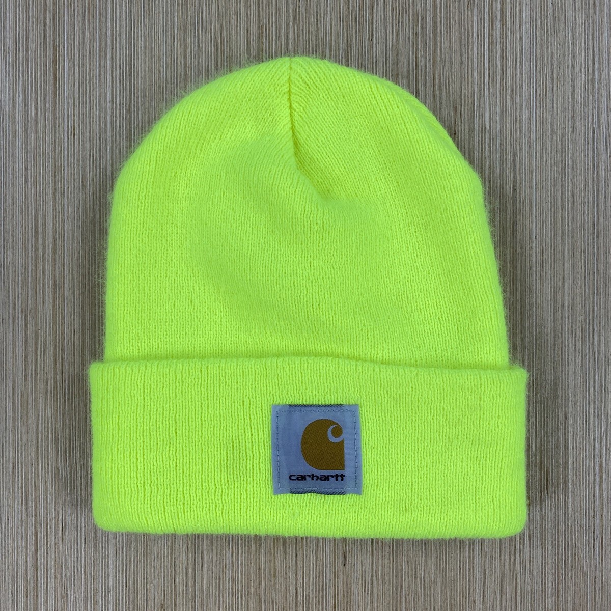 Carhartt Beanie Snow Cap Mens OSFA Neon Yellow Skull Knit Logo Workwear  Winter