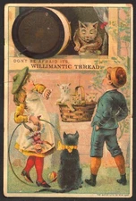 Willimantic Thread color advertising card with cat and kittens, circa 1880s