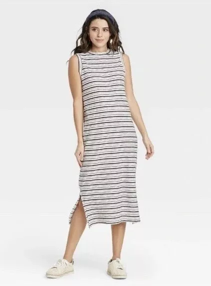 Universal Thread Women s Sleeveless Striped Midi Dress M Cream