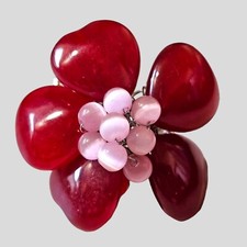 Beaded Flower Ring Red Pink Acrylic Beads Adjustable Size