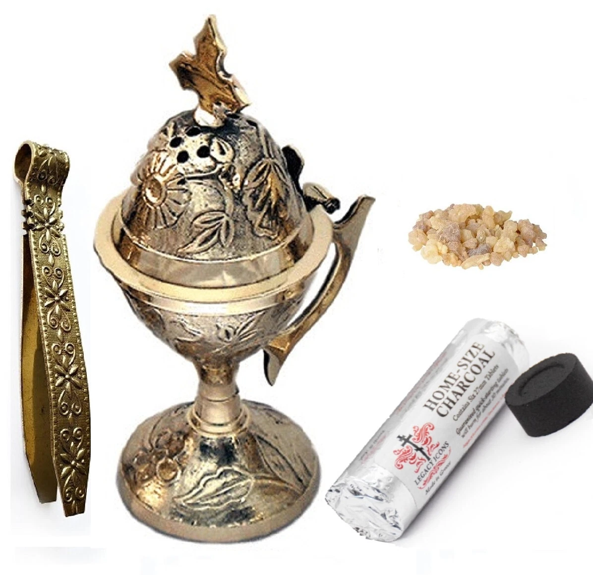 Incense Censer Set: Brass Censer, Tongs, Charcoal, and Frankincense Incense -NEW - Picture 1 of 5