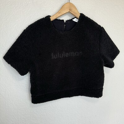 Lululemon Top Women 4 Black Textured Fleece Embroidered Logo Tee Yoga Apres Ski