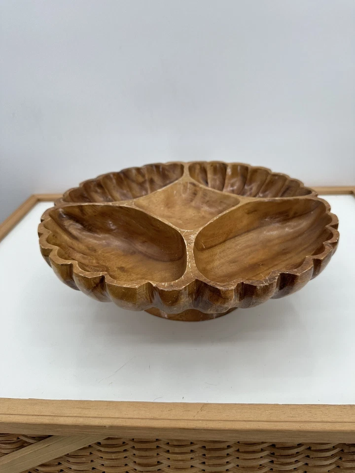 Vtg Wooden Wood LAZY SUSAN Monkey Pod Teak 12 " Carved Tiki Polynesian Server - Image 2 of 4