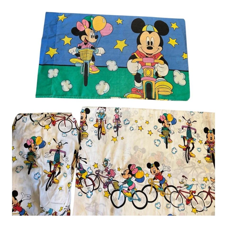 Vintage 1990’s Mickey & Friends Tour De Mick Sheet Set For Twin & Pillow Bicycle - Image 4 of 4