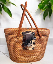 Antique Vintage Woven Wicker Rattan Fishing Tea Basket Handbag