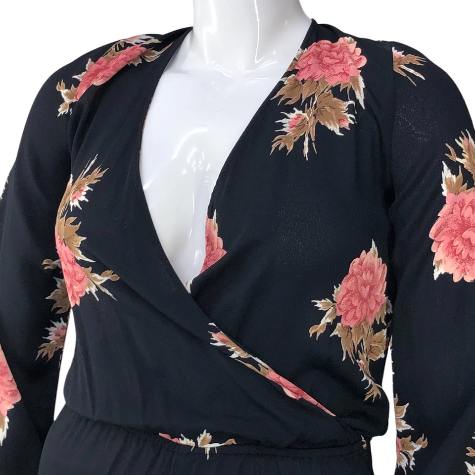 Mameluco envolvente Blue Life para mujer talla L cuello en V profundo manga larga floral negro elástico Foto 2 de 4