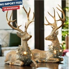 Elegant LED Lighted Golden Deer Sculpture Set Resin Holiday Figurines 22"H
